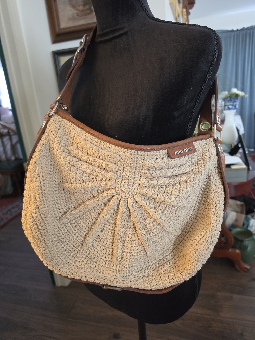 Miu Miu Tan Hand-Crochet Knit Satchel Leather-Trim